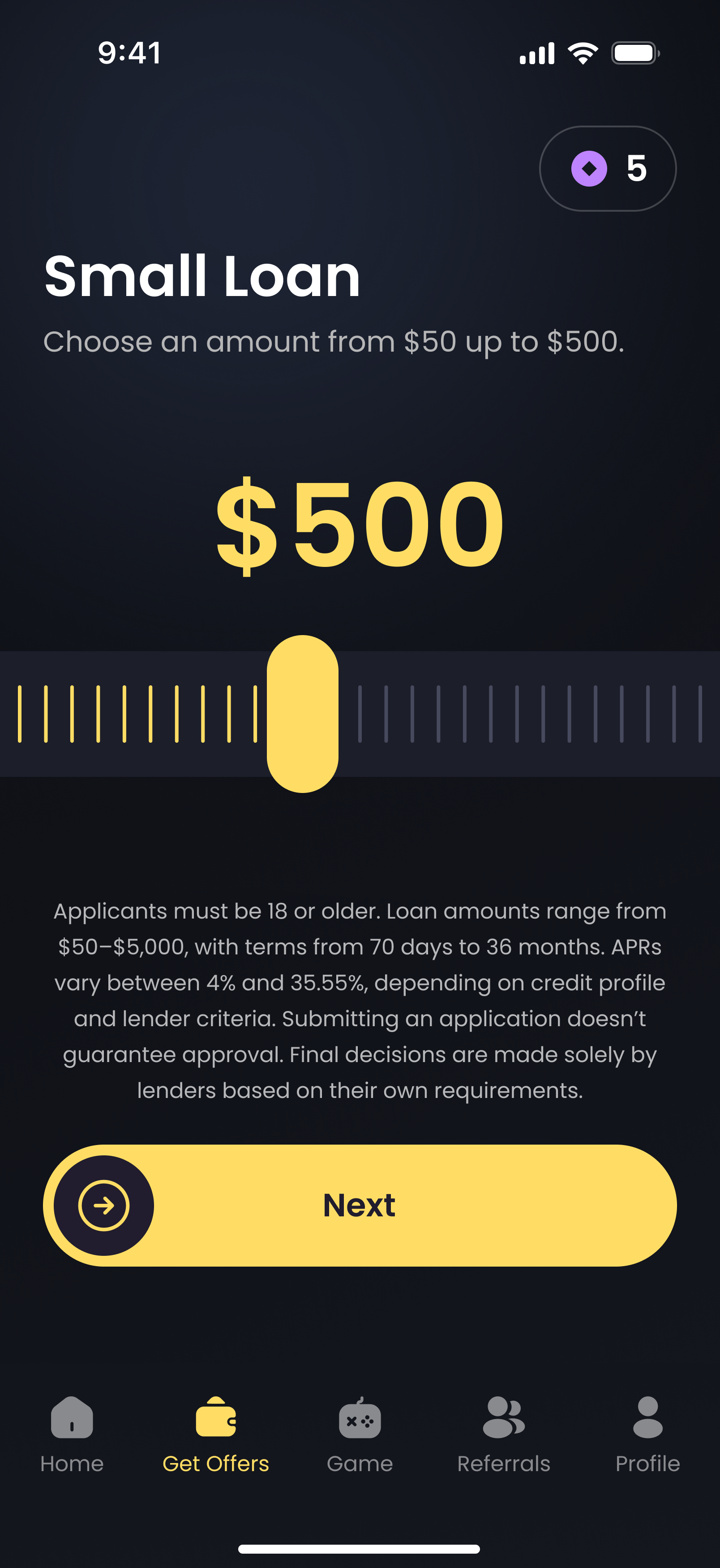 Loan amount selection screen with eligibility disclosure